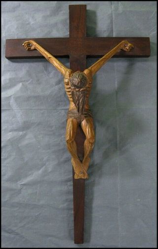 Vintage Unusual Faceless Hand Carved Wood Crucifix Cross 19 Inch From Estate