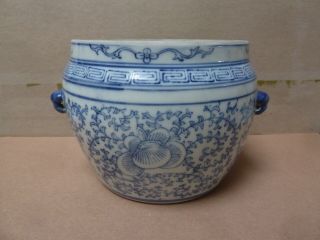 Antique Chinese Blue And White Porcelain Jar With Vines Flowers,  8”wide 6”high