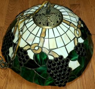 Vintage Tiffany Style Stained Glass Grape Motif Leaded Glass Hanging Light Shade