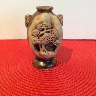 Antique Japanese Banko Ware Carved Pottery Vase - Tree Of Life With Pagoda