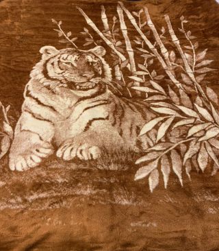 Vintage San Marcos Tiger Blanket Brown/cream Reversible 83x79 - Euc Authentic
