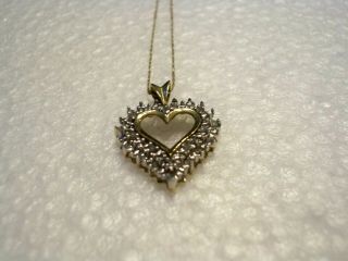 Vintage 2 Tone 10k Gold Open Heart Diamond Pendant Necklace