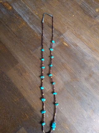 Vintage Native American Heshi Necklace With Turquoise 29 " Signed