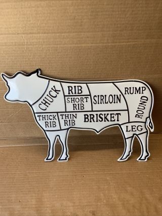 Metal Cow Sign White Black Cuts Of Meat Butcher Chart Beef Diagram Farmhouse