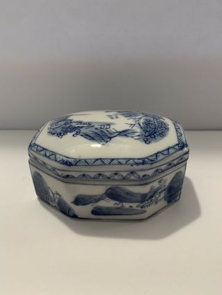 Vintage Chinese Painted Blue & White Porcelain Lidded Box