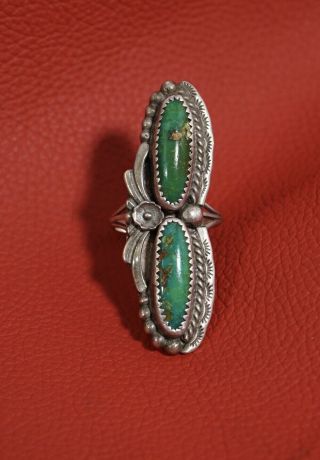 Vtg Navajo Green Turquoise Sterling Silver Ring Size 8 Long 2 " 9 Gm Native