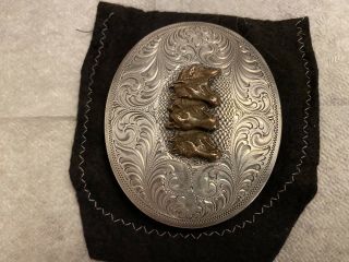 Vintage Sss Sterling Silver Western Horse Engraved Belt Buckle