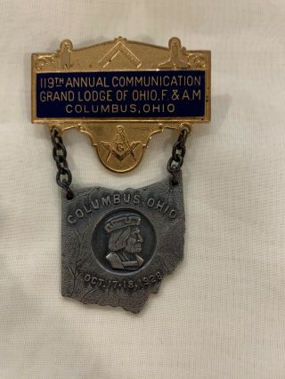 1928 119th Masonic Annual Communication Grand Lodge Of Ohio Badge