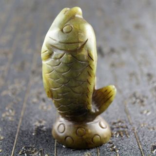 3.  5  Chinese Old Yellow Green Jade Hand - Carved Fish Statue Seal Material 0100