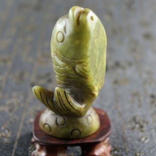 3.  5  Chinese old yellow green jade hand - carved fish statue seal material 0100 3