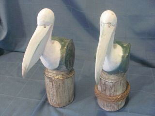 2 Carved Wood Pelicans On 2 Pier Pilings (12 1/2 ")