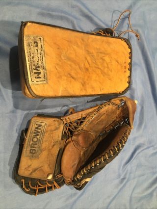 Antique Vintage Brown Leather Hockey Lh Glove Rh Blocker Goalie Sports Collector