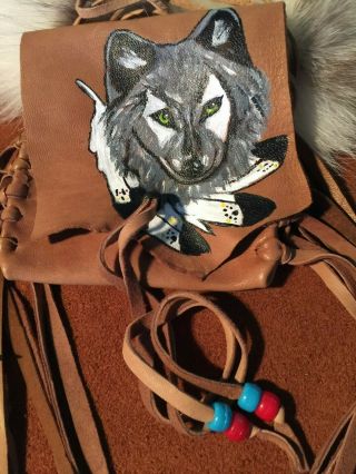 Wolf,  Hand Painted Lambskin Medicine Bag,  With Fringe & Pony Beads.