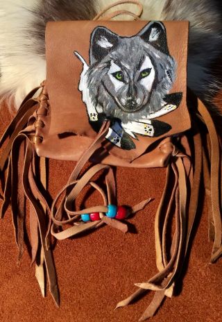 WOLF,  Hand Painted Lambskin Medicine bag,  with fringe & Pony beads. 2