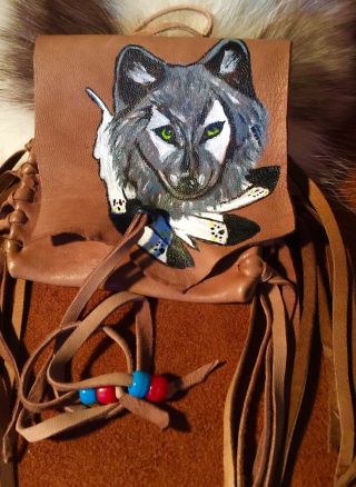 WOLF,  Hand Painted Lambskin Medicine bag,  with fringe & Pony beads. 3