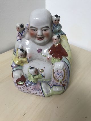 Vintage Chinese Porcelain Happy Buddha W/ Children 9 " Figurine (bt)