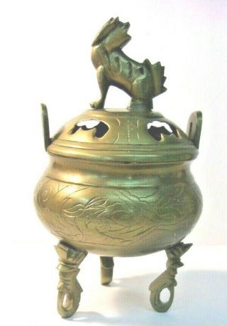 Vintage Cast Brass/bronze Chinese Foo Dog Incense Burner 3 Footed Hallmarked