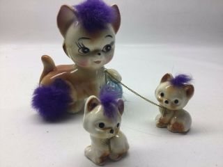 Vintage Japan Ceramic Cat And Kittens On Chain Leash With Furry Hair