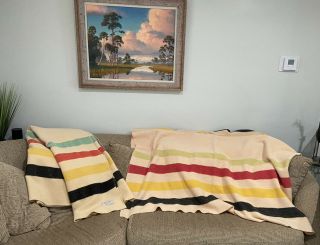 Pair Vintage Polar Star Hudson Trader Camp Wool Throw Blanket 4 Stripe Usa