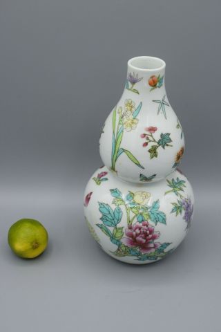 Antique Chinese Porcelain Double Gourd Enamel Vase Signed Seal Art 20th Century