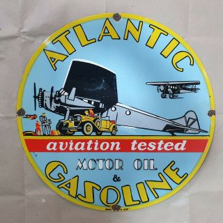 Atlantic Aviation Gasoline Vintage Porcelain Sign 24 Inches Round