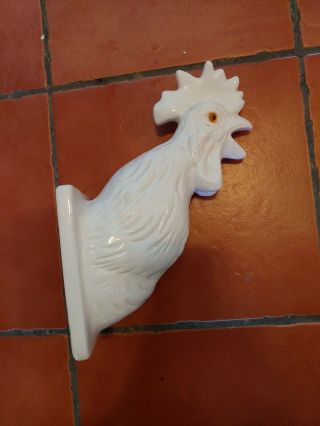 Vintage Mid Century White Ceramic Rooster Head Wall Mount Hook Hanger Chicken