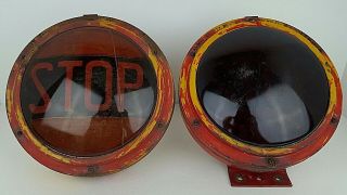(2) Vintage Arrow Safety Device Metal Glass Lens Stop Brake Tail Light Lamps