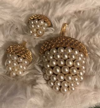 Vintage Crown Trifari Acorn & Faux Pearl Gold Tone Brooch And Clip Earrings