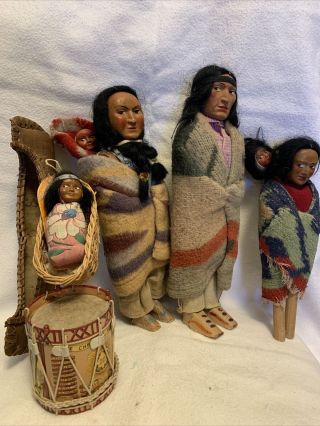 Vintage Skookum Native American Dolls Handmade,  Canoe & Cheshire Regiment Drum