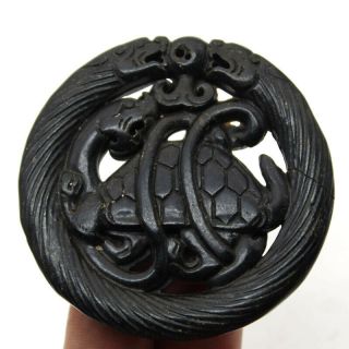 P879 Antique China Han Dynasty Meteorite Jade Dragon - Turtle Amulet Pendant 2.  7 "