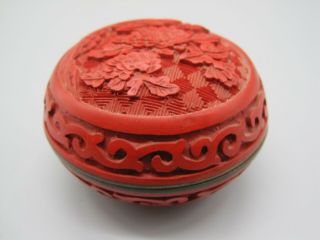 Vintage Chinese Carved Cinnabar Round Box On Blue Enamel 2.  5 "