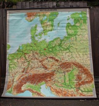 Vintage Pull Roll Down School Geographical Map Of Mid Europe - Germany,  Ukraine