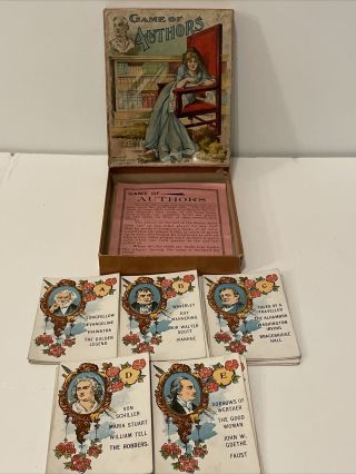 Vintage Antique 1880’s Game Of Authors By J.  Ottoman Litho Co York - 20 Cards