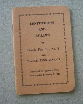 Vintage Pennsylvania Temple Fire Co No.  1 Berks Co Pa Constitution By - Laws