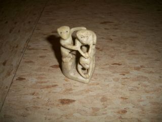 Vintage Carved Chinese Soapstone Monkey Figurine W 3 Monkeys 2 1/2 Inches