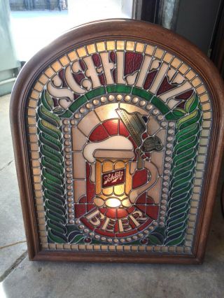 Schlitz Beer Sign Vtg Light Up Stain Glass Arched Church Window Bar Man Cave Pub