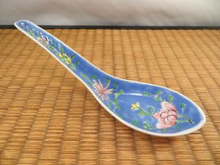 Antique Chinese Blue Ceramic Porcelain Soup Spoon Famille Rose Flowers China 3