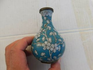 Small Antique Chinese Cloisonne Blue Flowers Brass Vase 4 "