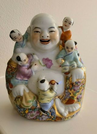 Vintage Chinese Porcelain Laughing Buddha W/ Children Gold Floral Robe 5 - 7/8 " H