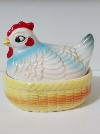 Vintage Ceramic Hen On A Nest Candy Dish Rooster Chicken Yellow Basket