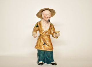 Antique Vintage Chinese Man With Hat And Cup Porcelain Figurine