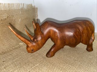 Vintage African Carved Solid Wood Rhinoceros Rhino 9.  0 Inches Long Statue 3