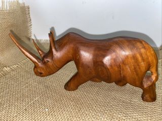 vintage African carved solid wood Rhinoceros Rhino 9.  0 inches long statue 3 2