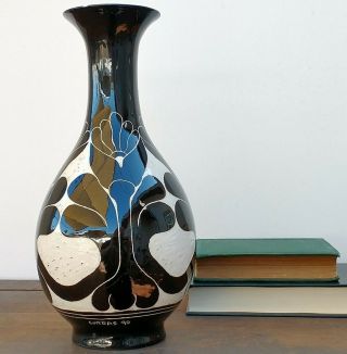 1990 Curras Brothers Ceramic Glaze Black & White Handmade Vintage Painted Vase
