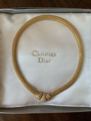 Vintage 1980s Christian Dior Choker Necklace Gold Mesh Pave Crystal