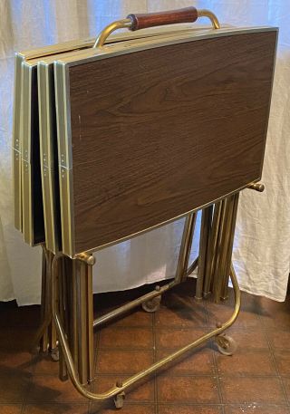 Vintage Set Of 4 Metal Tv Trays Faux Wood Grain W Stand Wheels Wood Handle Mcm