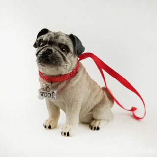 Pug Dog Christmas Holiday Tree Ornament Woof Tag On Red Collar