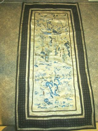 Antique Hand Embroidered Silk Oriental Chinese 2 Panel Tapestry 25 " X 12 1/2 "