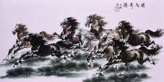 100 Handpainted Oriental Asia Fine Art Chinese Watercolor Painting - Horse Racing
