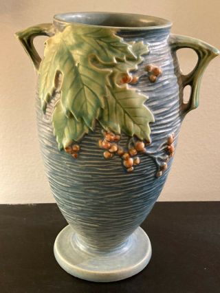 Vintage Roseville Pottery Blue Bushberry Double Handle Vase W/ 35 - 9 Mark